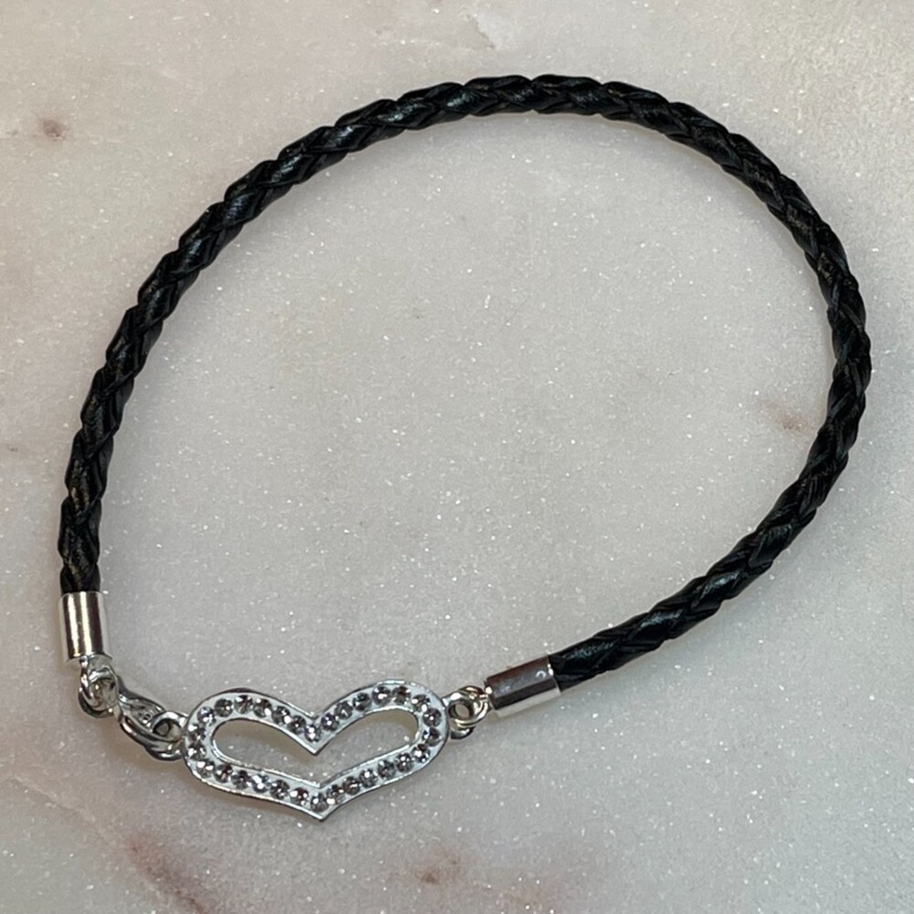 Y2K Sterling Silver and Crystal & Enamel Heart with Black Woven Cord Bra…